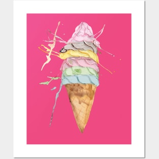 Melting Ice Cream Delight - Handpainted Watercolor Sugar Cones with Soft Serve Icecream Posters and Art